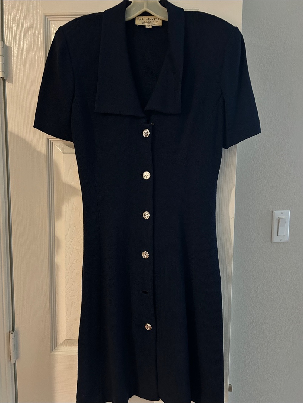 St. John Navy Short-Sleeve Button-Front Knit Dress